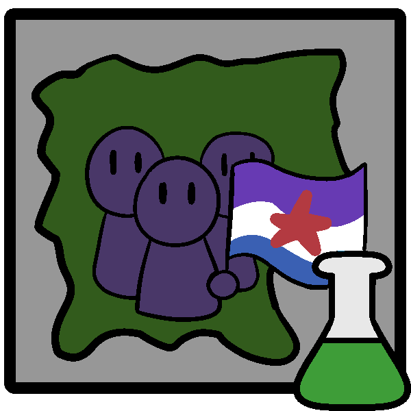 Three purple figures standing on a green country shape holding a purple, white, and blue flag with a star on it, in a frame with a green beaker in the corner.